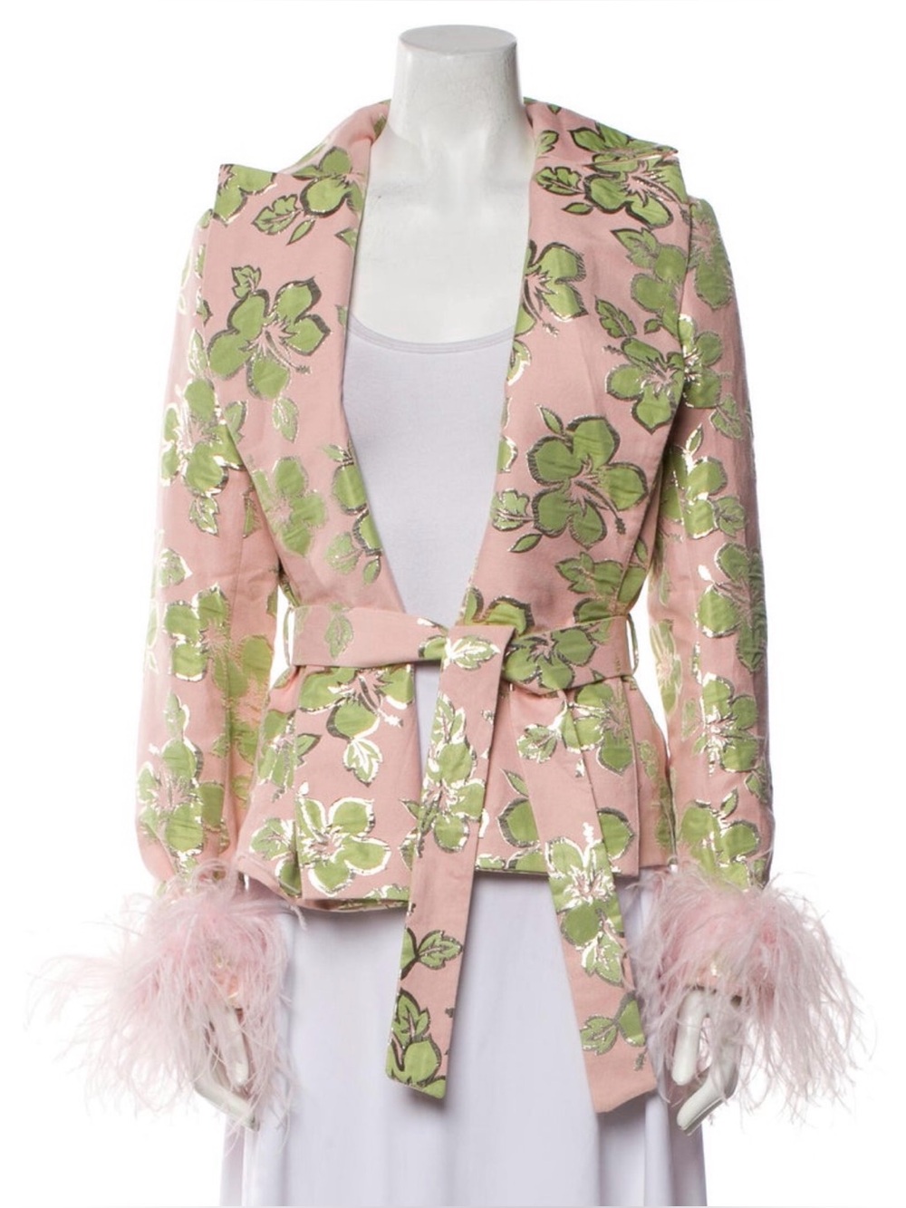Andreeva Small/ 6 Floral Pink Belted Jacket with removable feather cuffs